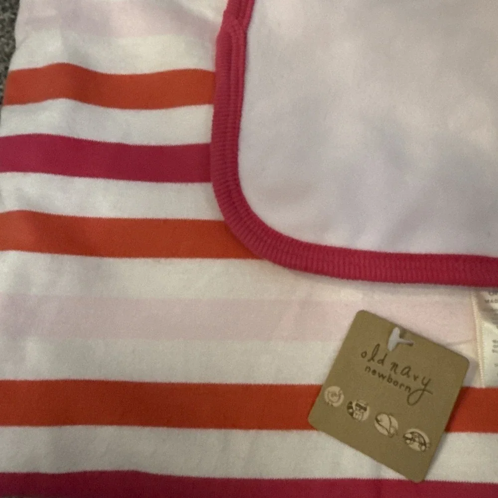 NWT Old Navy Pink White Orange Stripes Baby Blanket Security Lovey Fleece Cotton